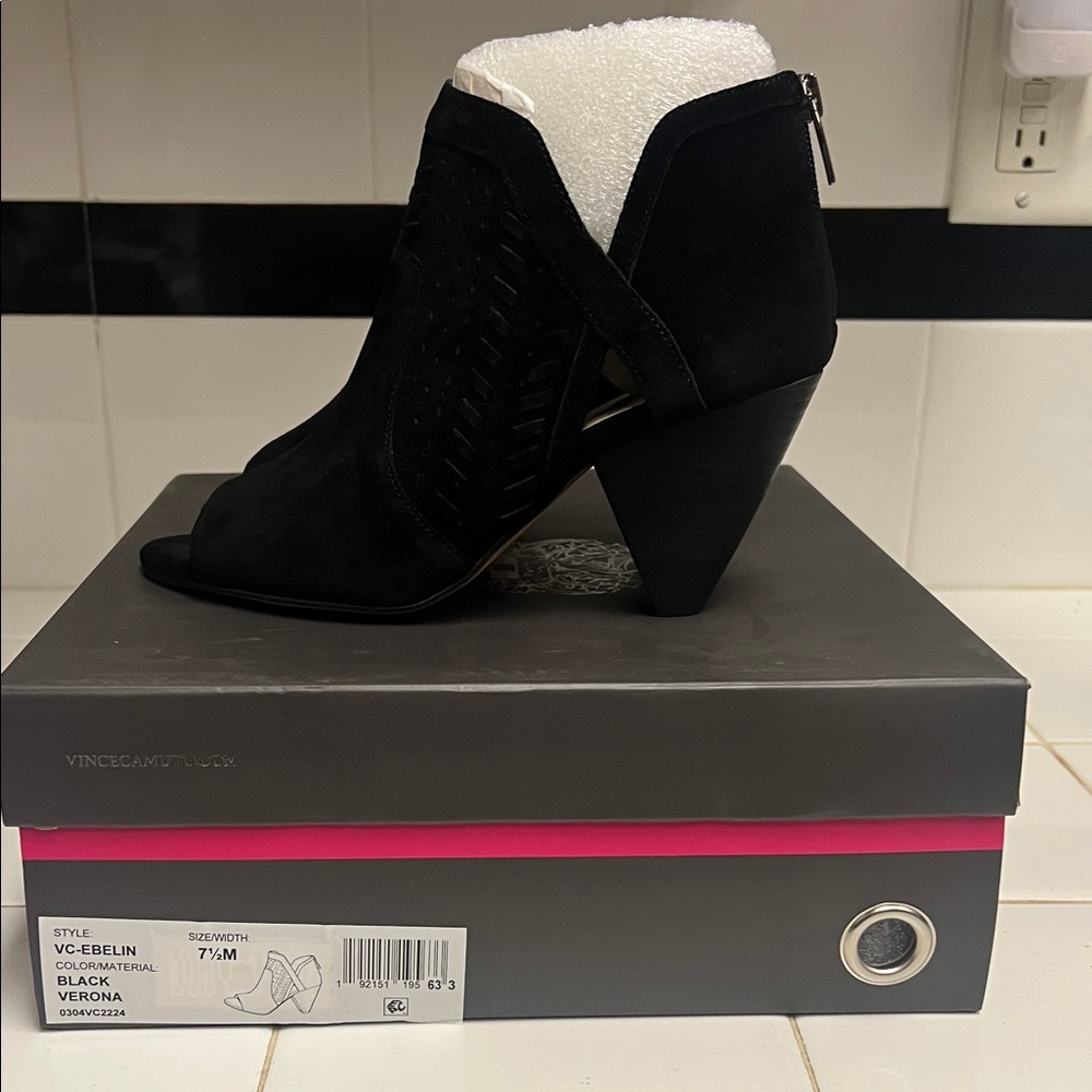 Vince Camuto Evelin Black Suede Peep-Toe Ankle Booties